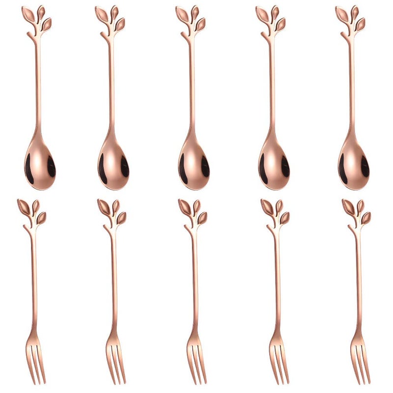 AnSaw 10-Pc Rose Gold Mini Spoons & Forks Set, 4.7" - Stainless Steel, Leaf Handle, Ideal for Coffee,Tea, Appetizers, Tastings, Parties, Charcuterie & Cocktails